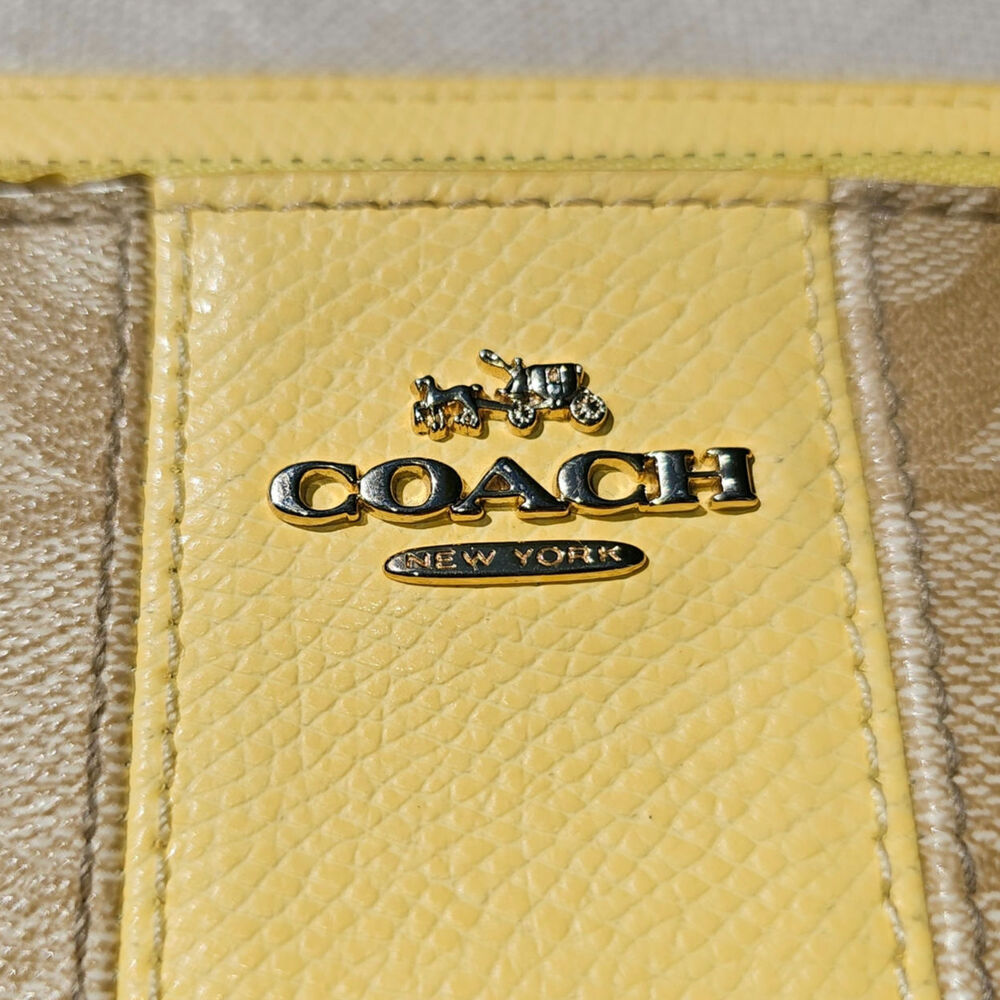 Coach Signature Yellow and Tan Zip around Wallet 2 zippers Wrist Strap - Picture 4 of 10